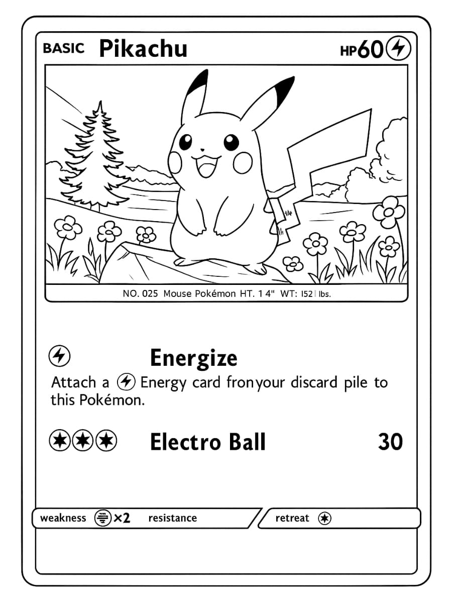 Pikachu Pokémon kaart met volle rand en duidelijke details, perfect om in te kleuren Kleurplaat Pikachu Pokémon kaart met volle rand en duidelijke details, perfect om in te kleuren