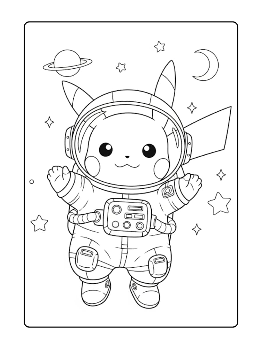 Kleurplaat Pikachu als astronaut zweeft in de ruimte tussen de sterren en planeten