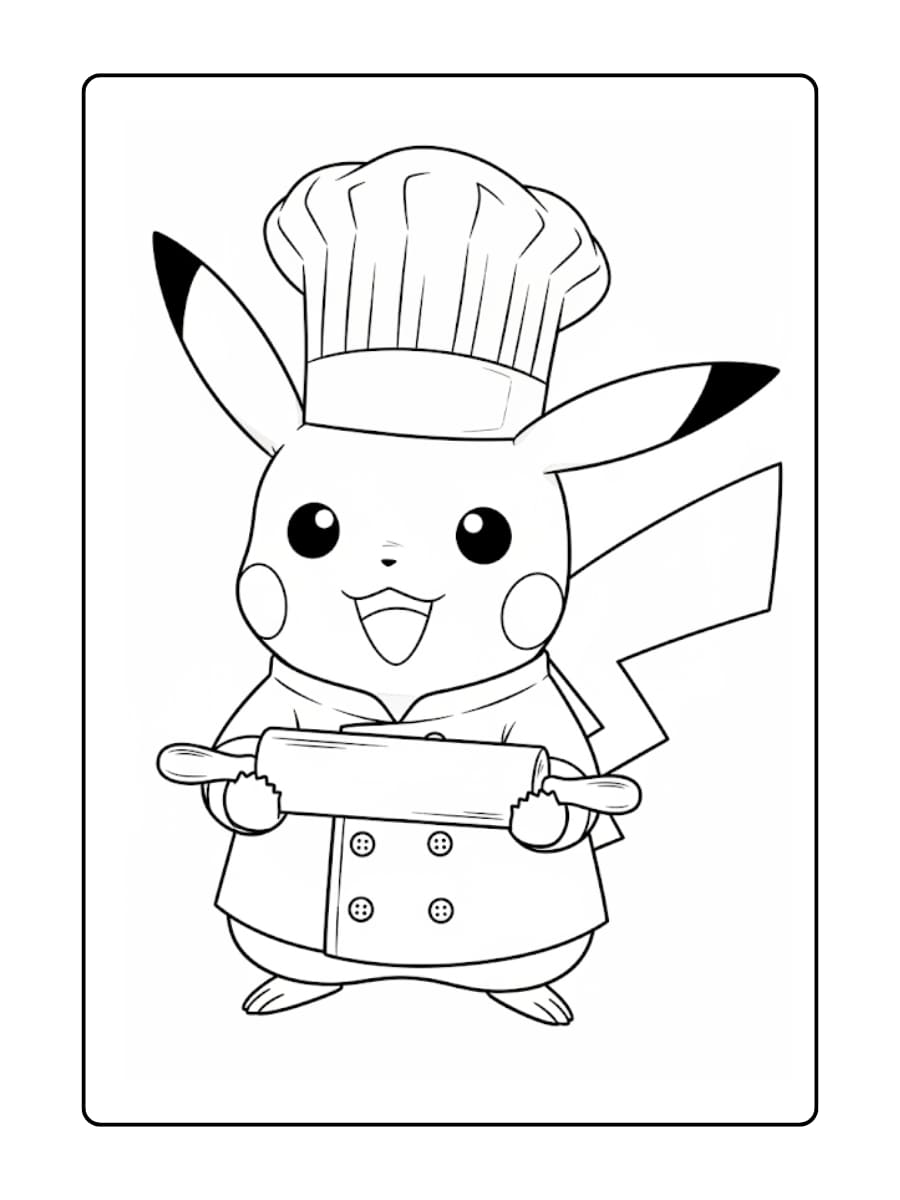 Kleurplaat Pikachu als chef kok, met een koksmuts op, houdt een deegroller vast