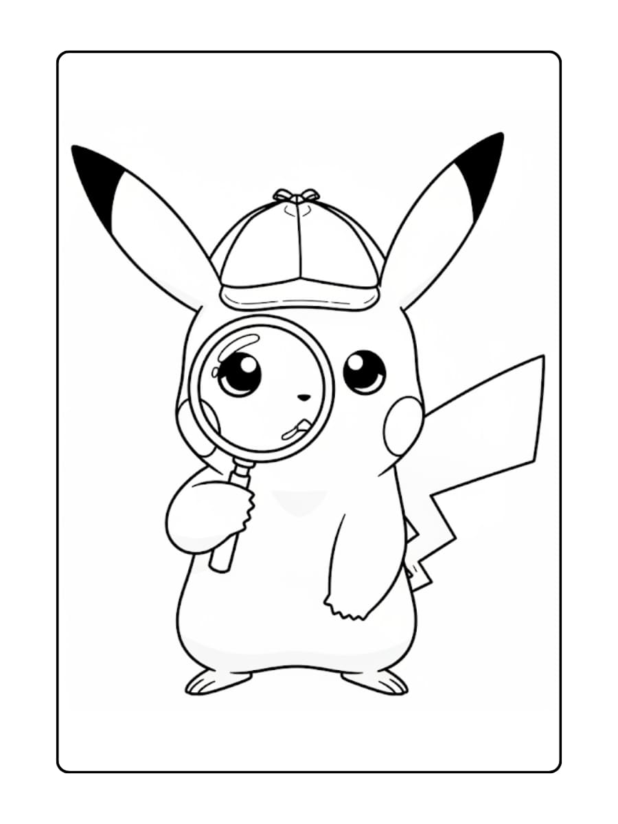 Pikachu als detective, met een detectivehoed op, kijkt door een vergrootglas