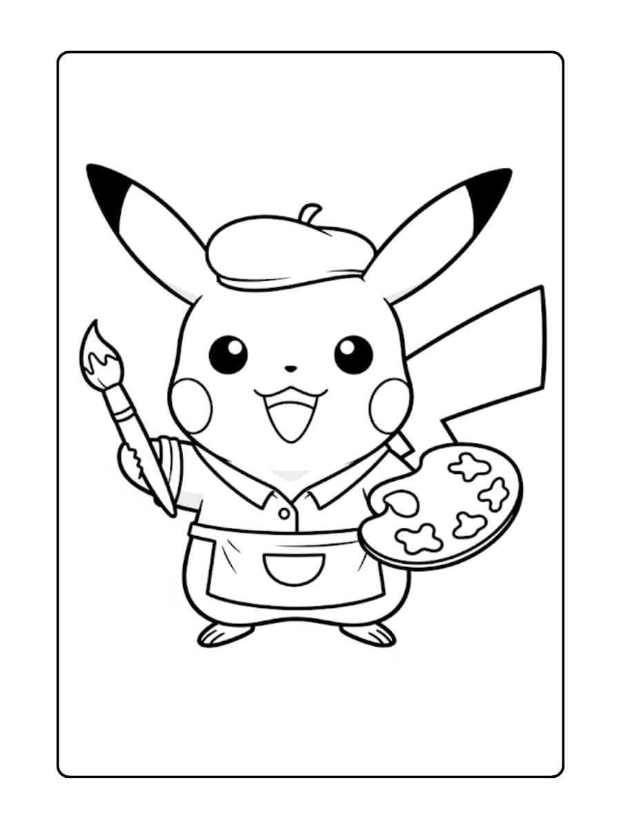 Kleurplaat Pikachu als kunstenaar, met een baret, houdt een penseel en een palet vast