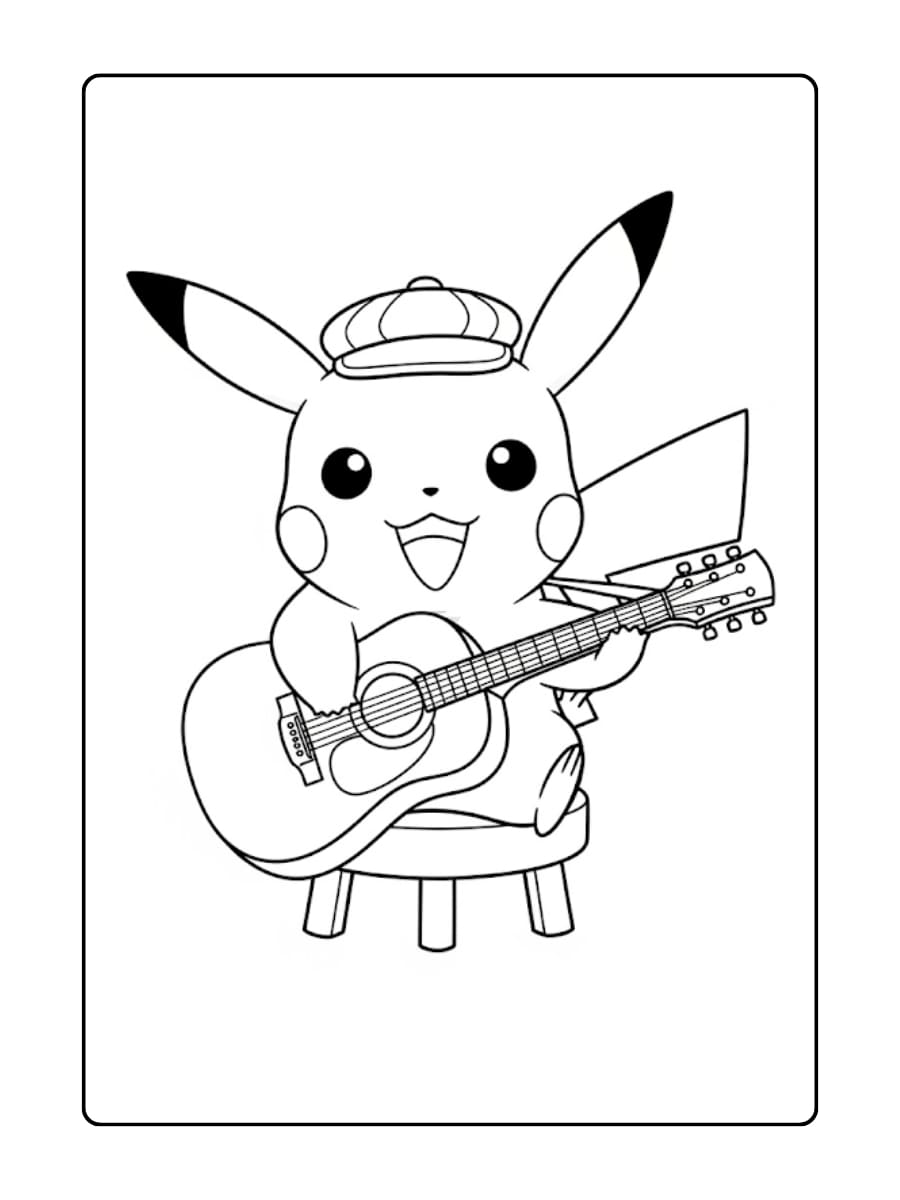 Kleurplaat Pikachu als muzikant, met een pet op, speelt gitaar terwijl hij op een krukje zit