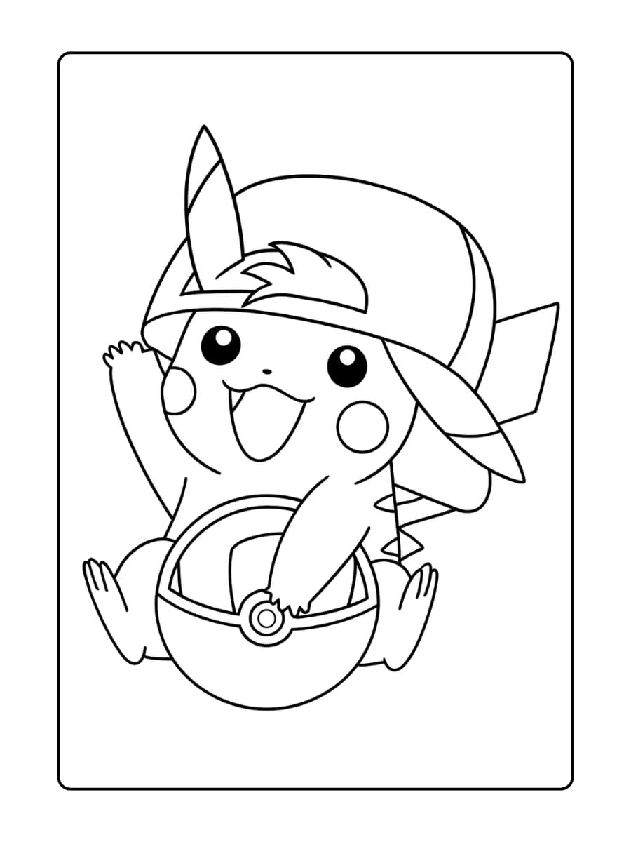Pikachu draagt een pet en houdt een Pokébal vast