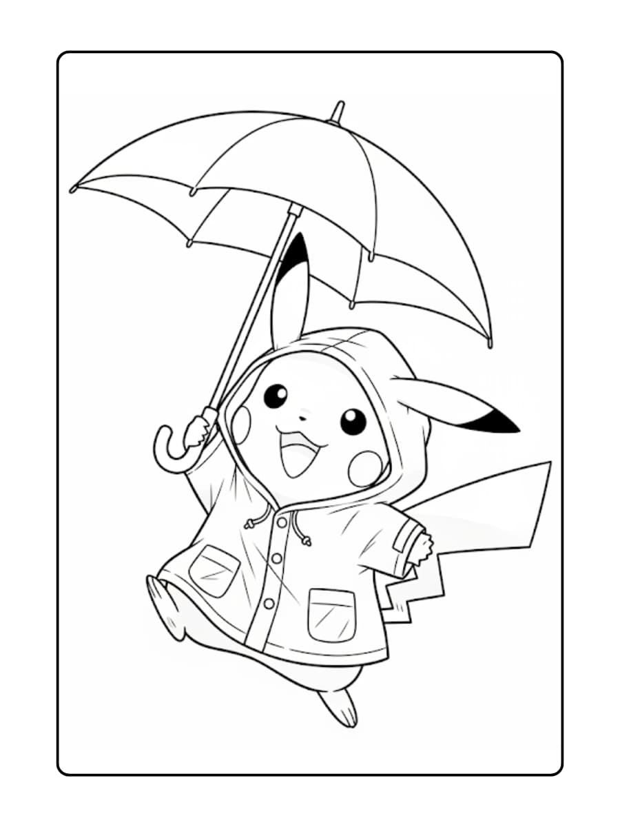Kleurplaat Pikachu draagt een regenjas en houdt vrolijk een paraplu vast