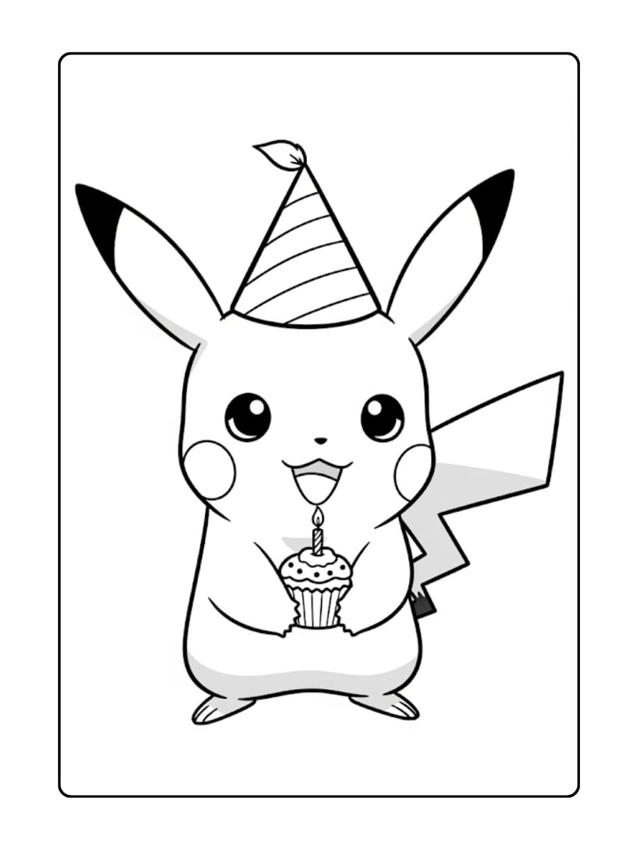 Kleurplaat Pikachu draagt een verjaardagshoedje en houdt een cupcake vast