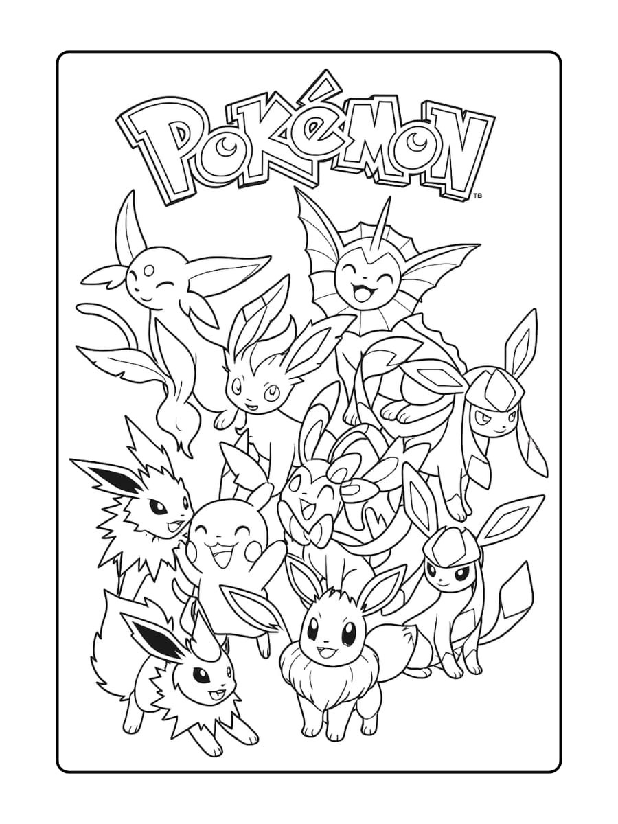 Pikachu en alle Eevee evoluties staan vrolijk samen onder het Pokémon logo