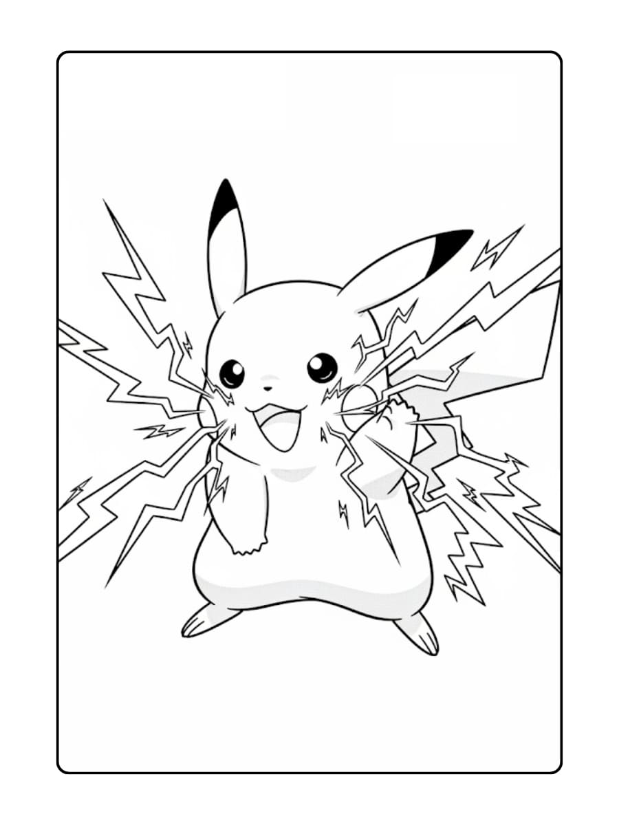 Kleurplaat Pikachu is afgebeeld terwijl hij zijn beroemde Thunderbolt aanval gebruikt
