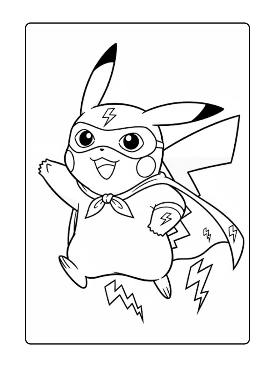 Kleurplaat Pikachu is een superheld, draagt een masker en een cape en is klaar om te vliegen