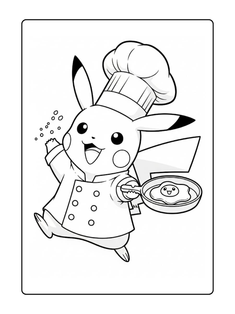 Kleurplaat Pikachu is gekleed als chef kok en bakt een vrolijk uitziend gebakken ei in een pan