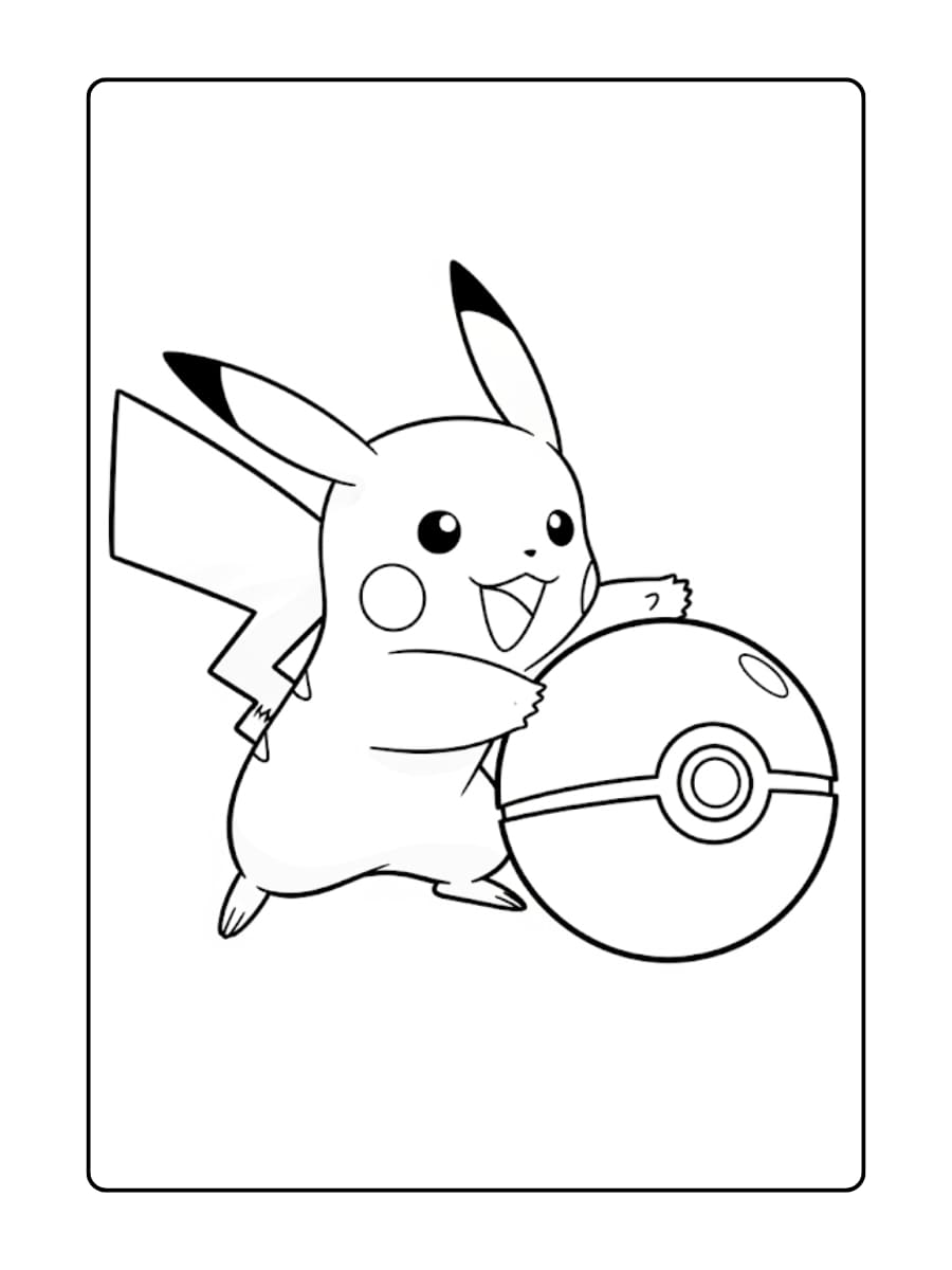 Kleurplaat Pikachu is vrolijk aan het spelen met een Poké Ball