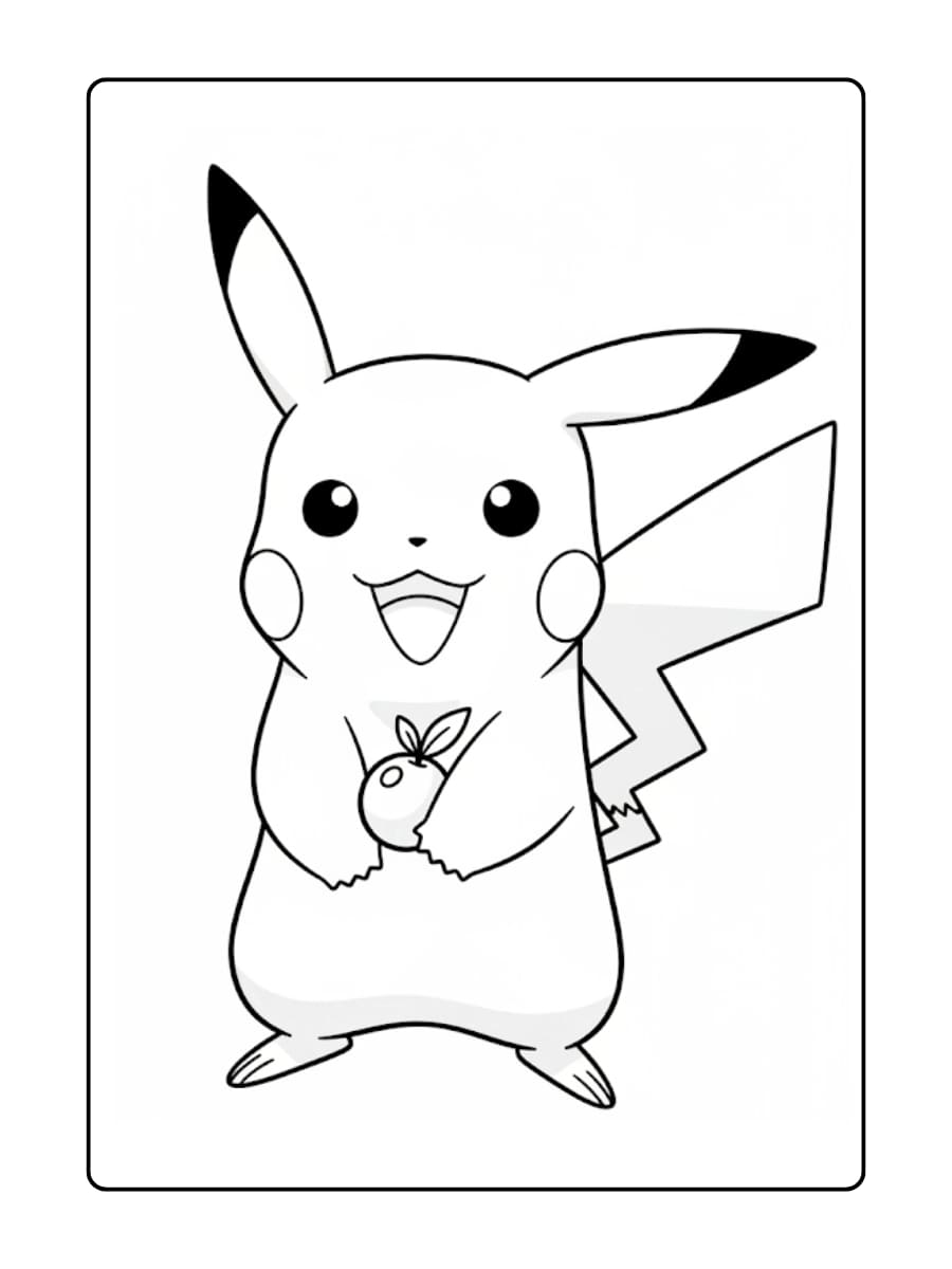 Kleurplaat Pikachu staat glimlachend en houdt een besje vast