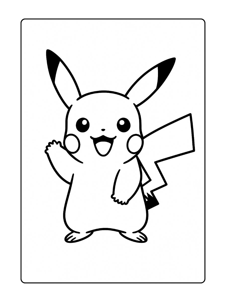 Pikachu staat in het midden met een vrolijke glimlach en één pootje omhoog, en nodigt kinderen uit om zijn klassieke bliksemschichtstaart en roze wangetjes in te kleuren