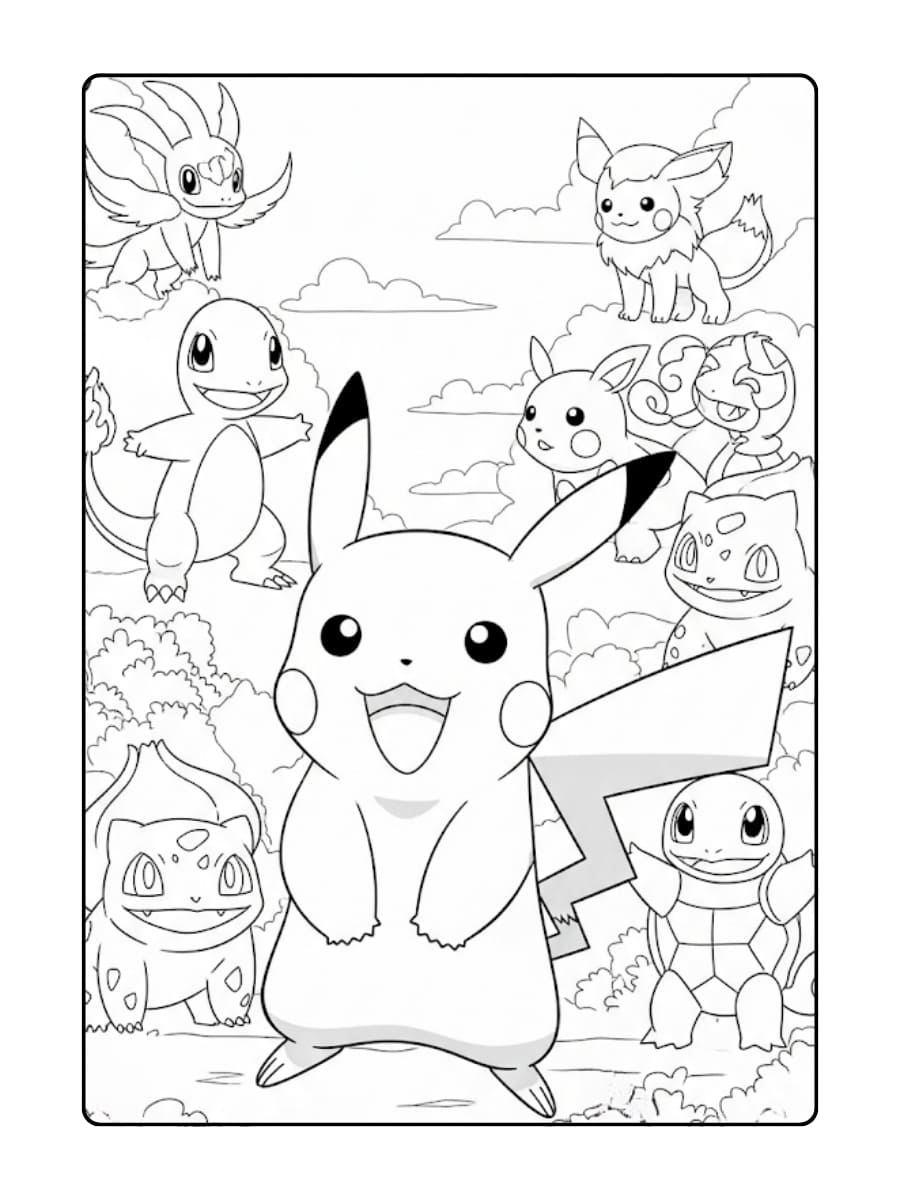 Kleurplaat Pikachu staat vrolijk in het midden, omringd door zijn Pokémon vrienden
