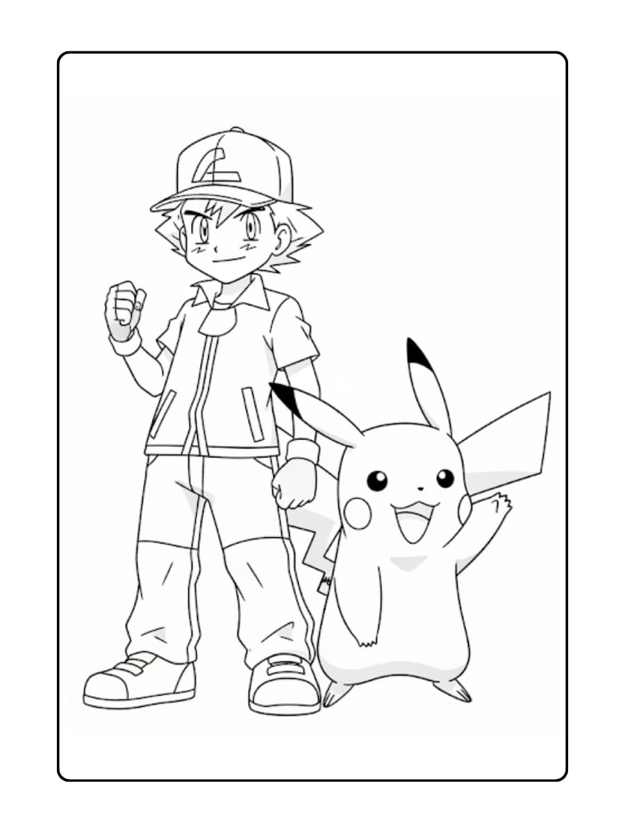 Kleurplaat Pikachu staat vrolijk naast zijn trainer, Ash Ketchum