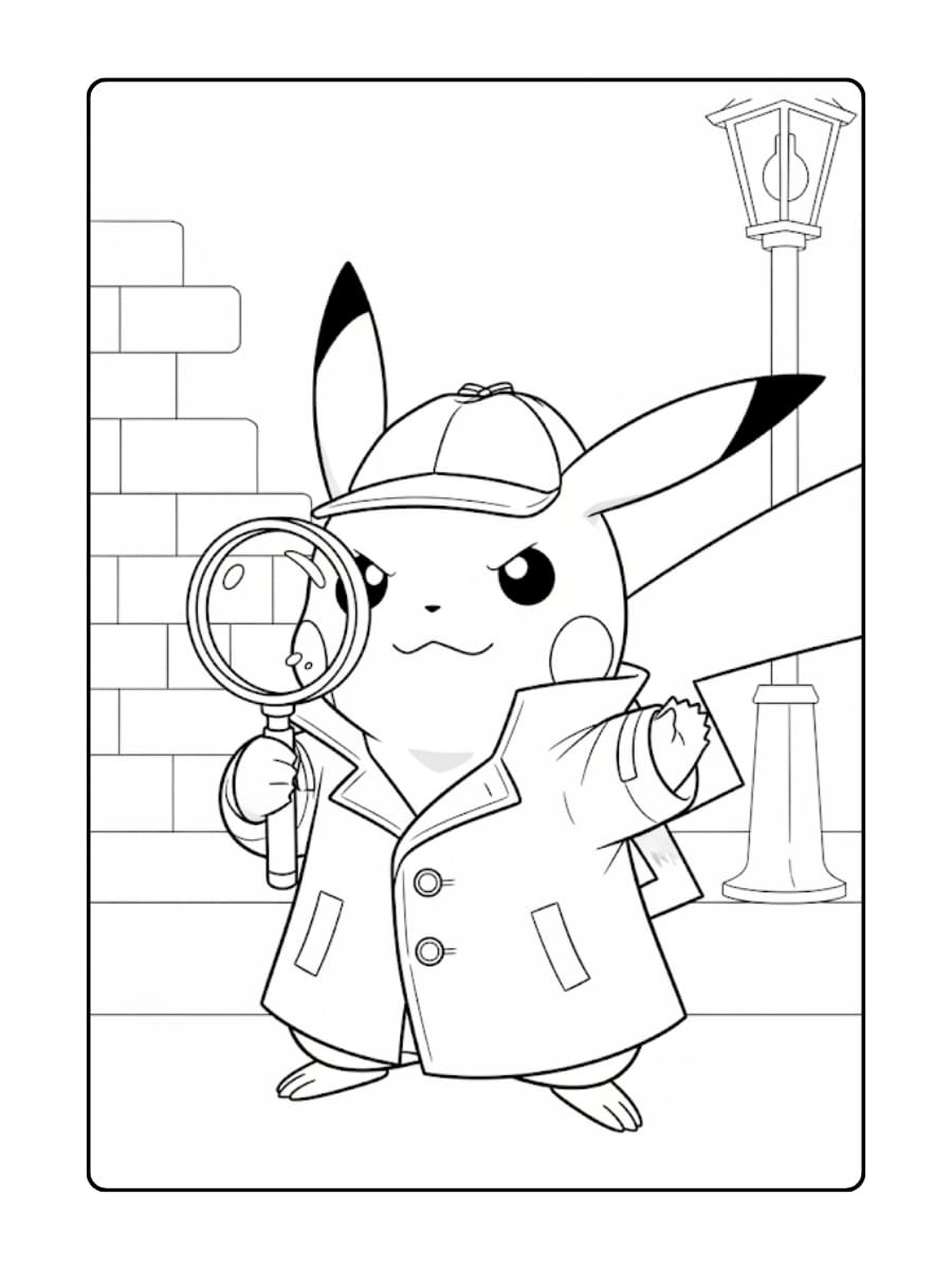 Pikachu, verkleed als detective, staat met een vergrootglas in de hand en een vastberaden uitdrukking
