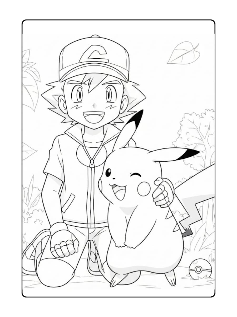 Kleurplaat Pikachu wordt geknuffeld door zijn beste vriend, Ash