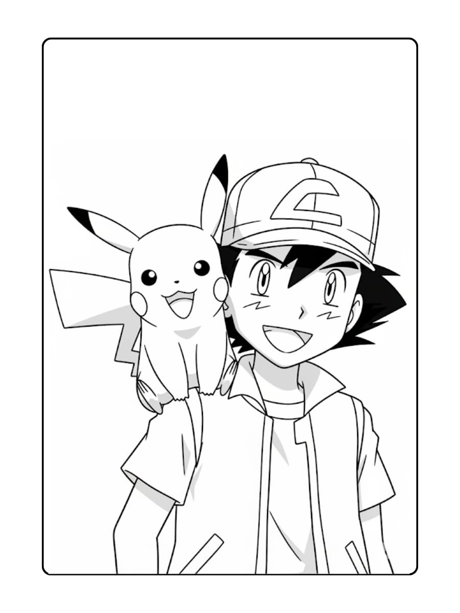 Kleurplaat Pikachu zit blij op de schouder van zijn trainer, Ash Ketchum