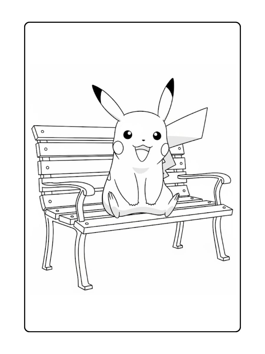 Kleurplaat Pikachu zit glimlachend op een houten bankje in het park