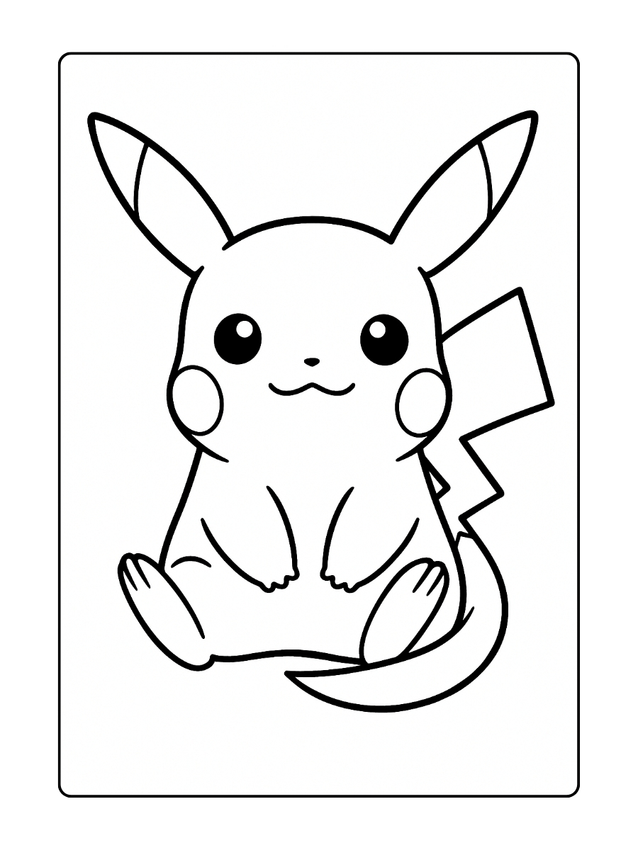 Pikachu zit netjes naar voren, terwijl zijn staart als een bliksemschicht om hem heen krult
