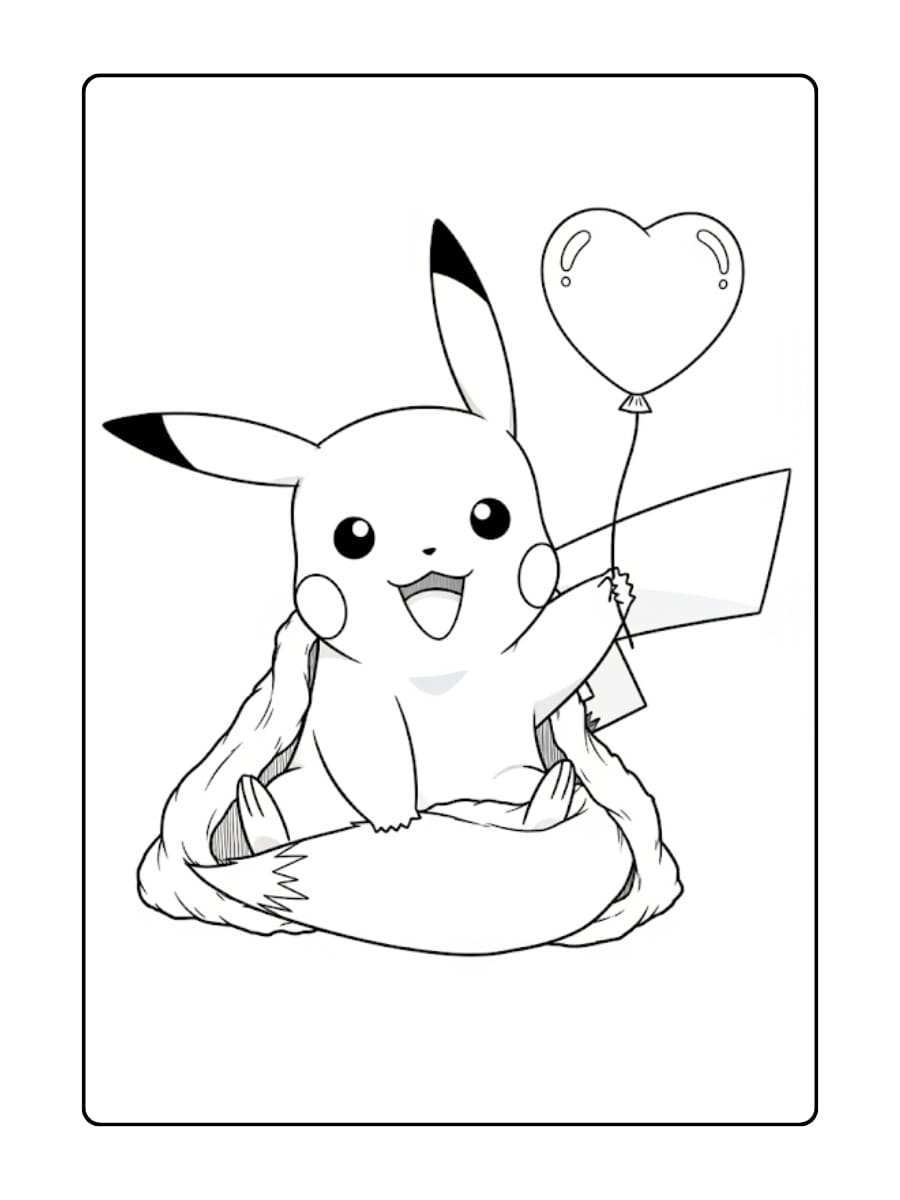 Kleurplaat Pikachu zit schattig, zijn staart om zich heen gewikkeld als een deken, en houdt een hartvormige ballon vast