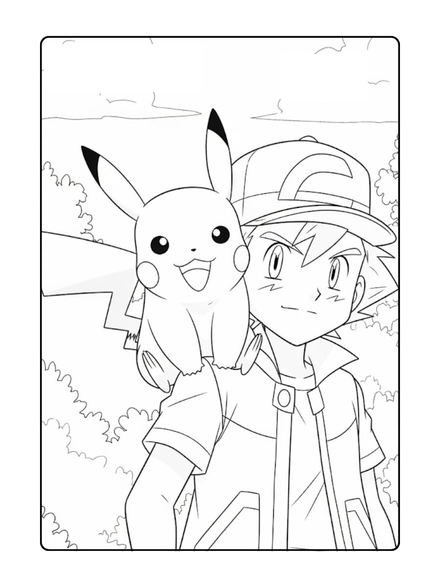 Kleurplaat Pikachu zit vrolijk op de schouder van Ash
