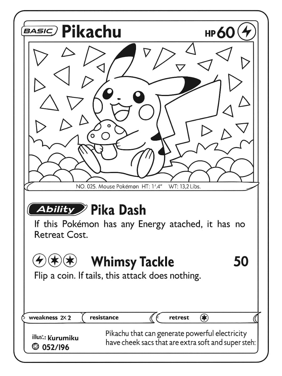 Kleurplaat Pokémon kaart, zittend blij met een paddenstoel in zijn poten te midden van een vrolijke achtergrond