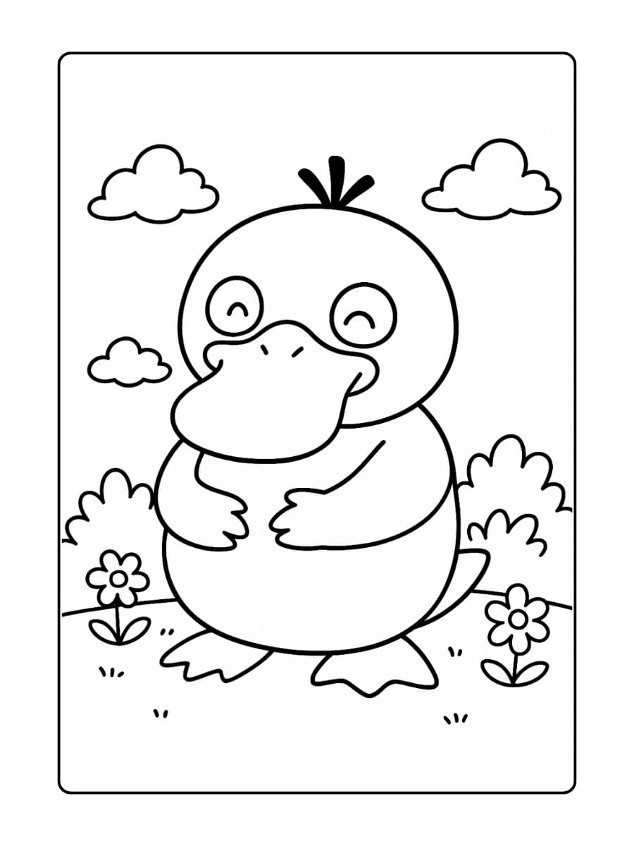 Psyduck houdt zijn buik vast terwijl hij zachtjes glimlacht