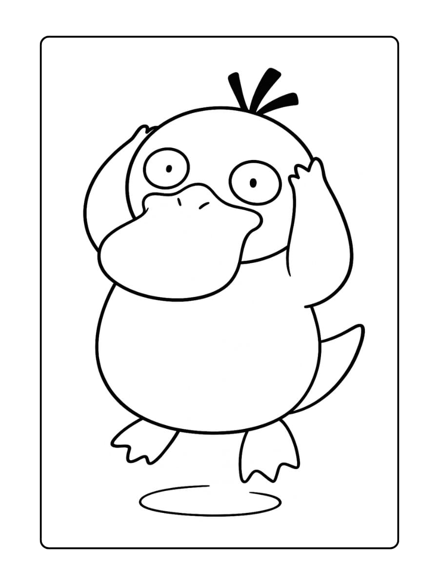 Psyduck staat op één voet met een wiebelende houding