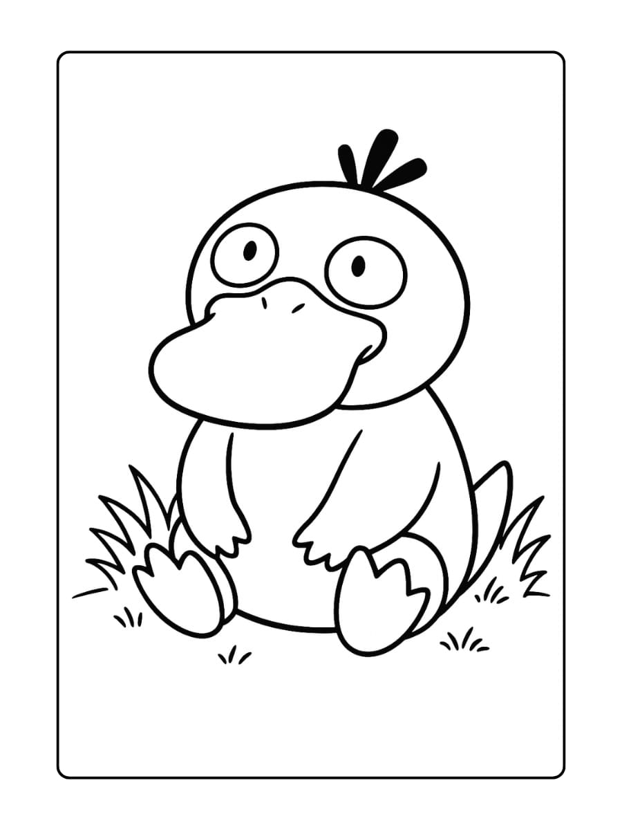 Psyduck zit met zijn kop schuin en één hand krabt aan zijn hoofd