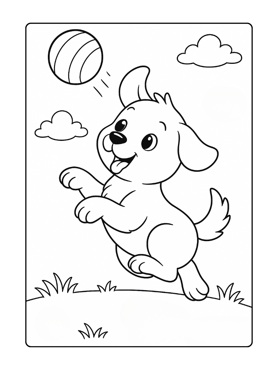 Kleurplaat Puppy hond die met een bal speelt in de lucht
