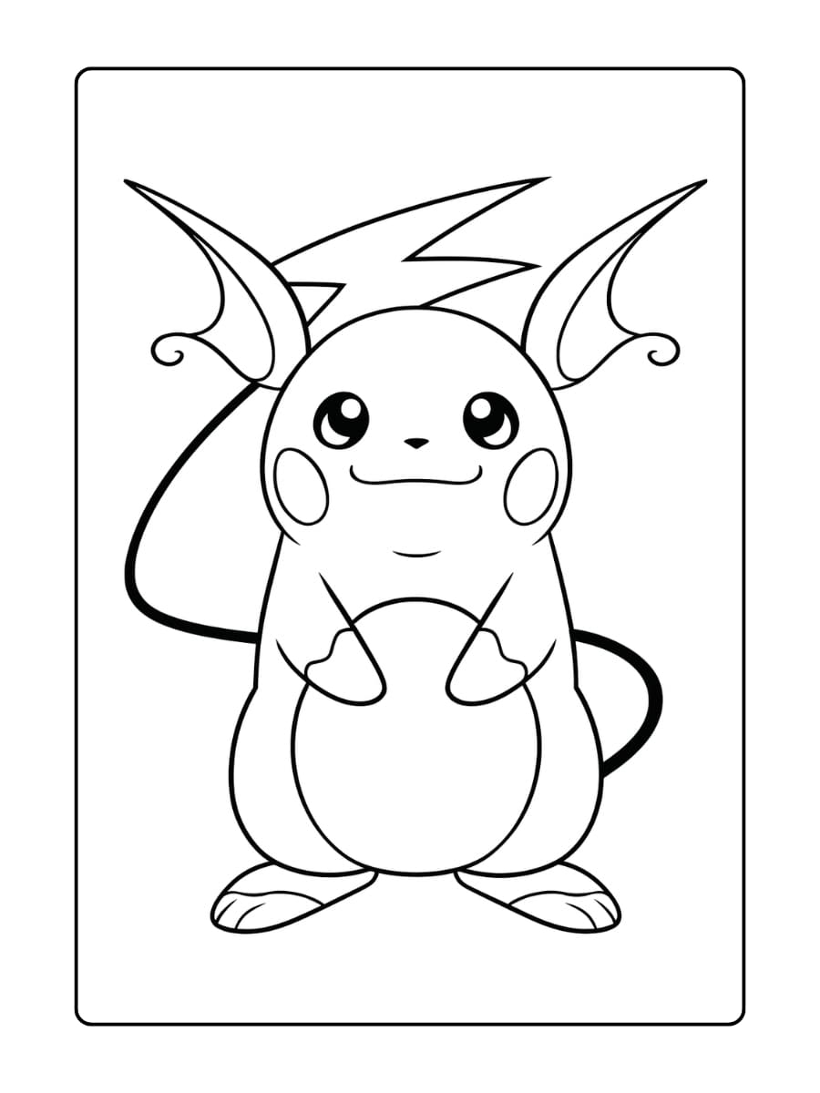 Kleurplaat Raichu is een elektrische Pokémon met grote oren en een bliksemschichtvormige staart