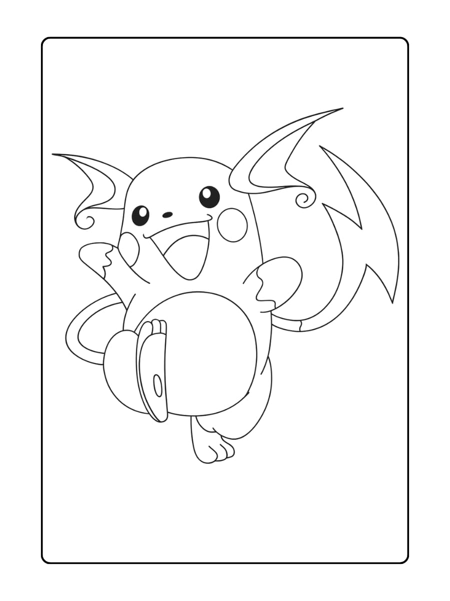 Kleurplaat Raichu uit Pokémon springt blij met zijn bliksemschichtstaart in de lucht