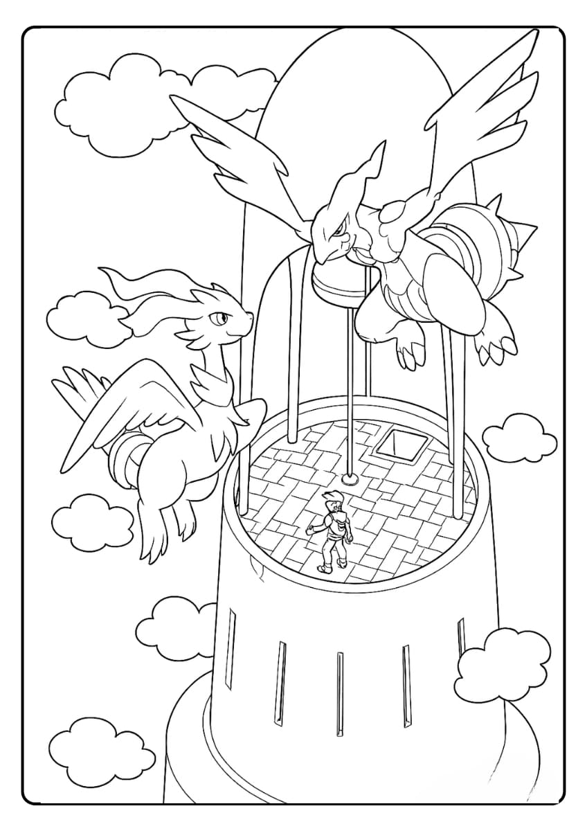 Reshiram en Zekrom boven op een toren, omringd door wolken en een trainer die omhoog kijkt