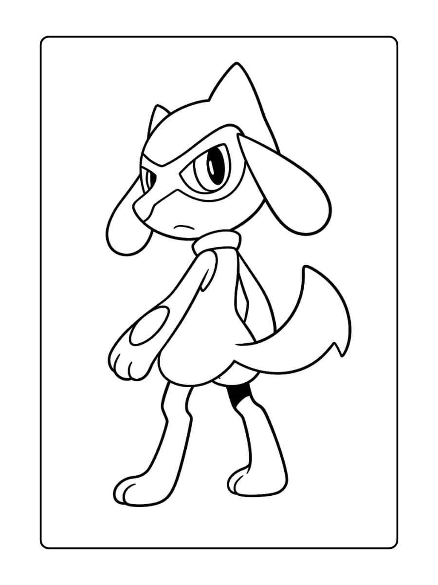 Riolu draait zich om en kijkt over zijn schouder met een serieuze blik