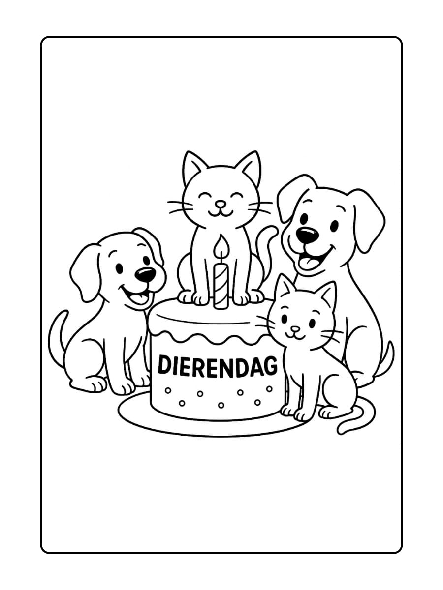 Schattige Dierendag kleurplaat met honden en katten die samen een grote taart Dierendag delen