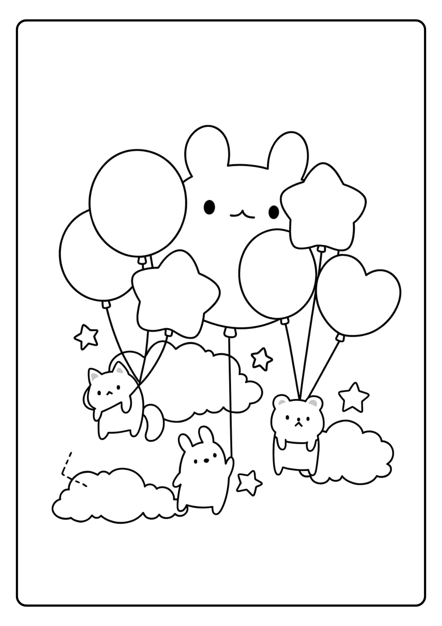 Schattige kat zweeft met ballonnen tussen de wolken