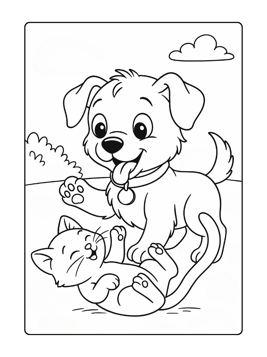 Kleurplaat Schattige puppy hond die met een poes speelt