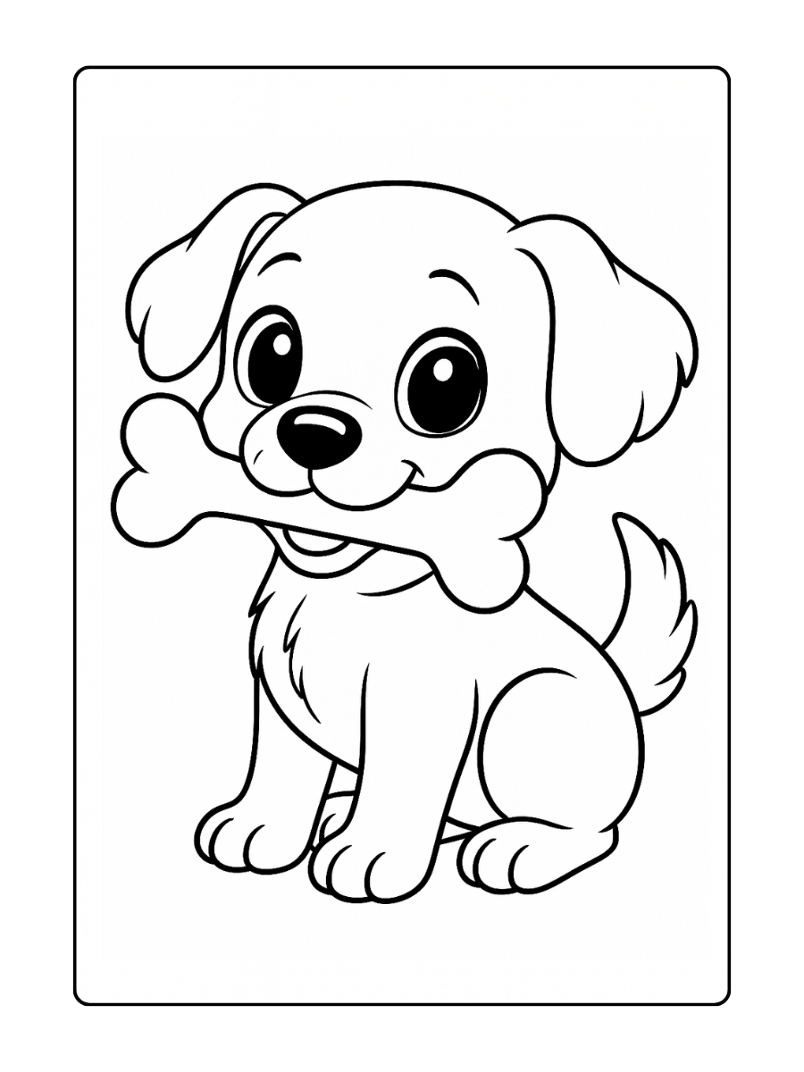 Kleurplaat Schattige puppy hond met grote ogen en een bot in de bek