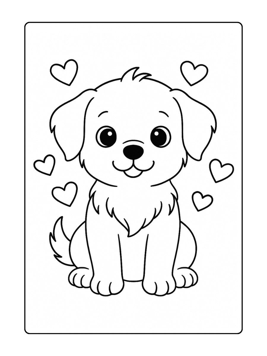 Kleurplaat Schattige puppy hond met hartjes om zich heen