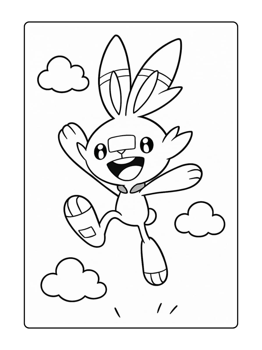 Scorbunny springt hoog in de lucht met een brede glimlach