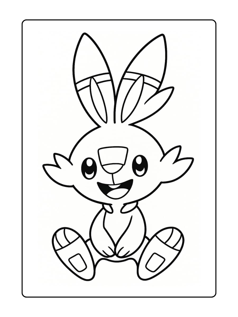 Scorbunny zit met gekruiste benen en kijkt vrolijk naar voren