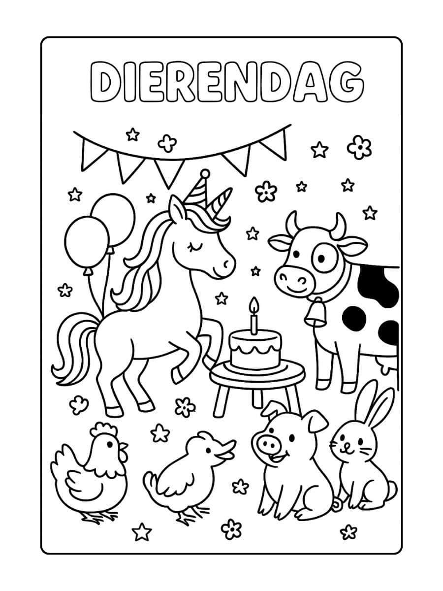 Sprookjesachtige Dierendag kleurplaat met een eenhoorn die feest viert met echte boerderijdieren