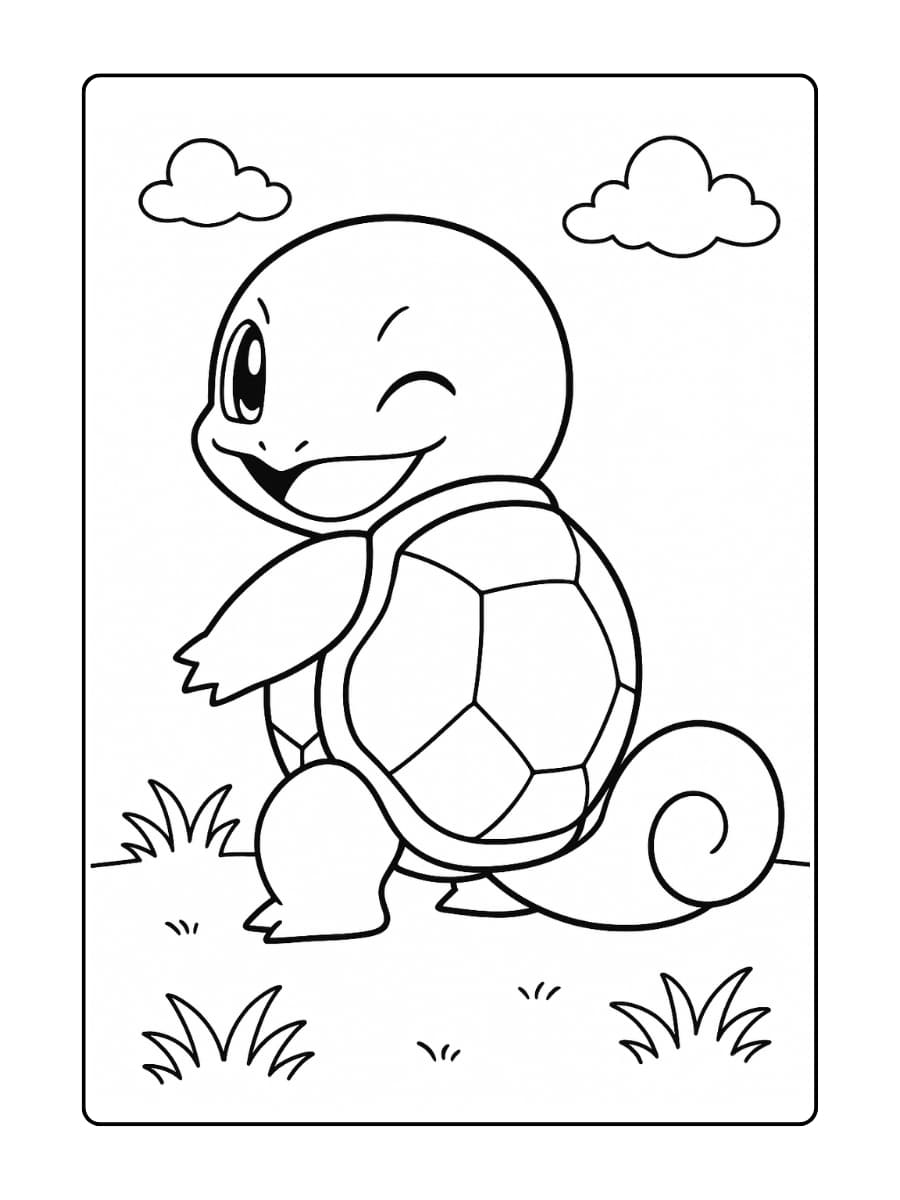 Squirtle draait zich om en kijkt over zijn schouder met een knipoog