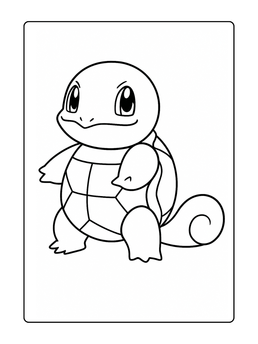 Squirtle poseert vol vertrouwen, met zijn schild zichtbaar en zijn staart opgerold – perfect om in te kleuren met strakke lijnen en veel witte ruimte
