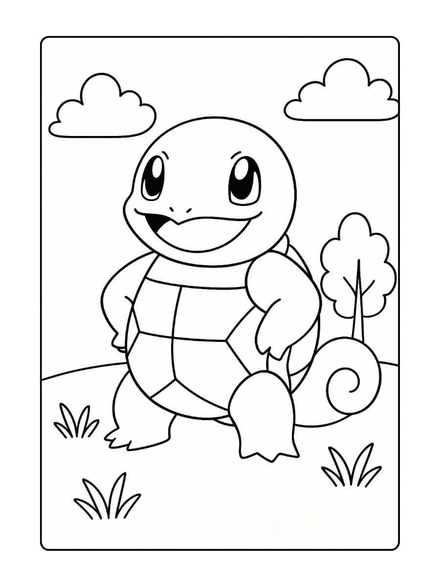 Squirtle staat trots met zijn handen op zijn heupen en een brede glimlach