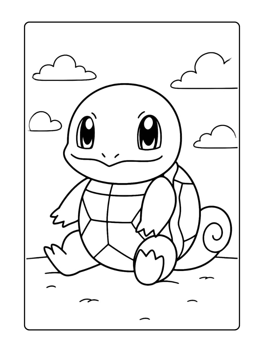 Squirtle zit met zijn schild zichtbaar en kijkt recht naar voren