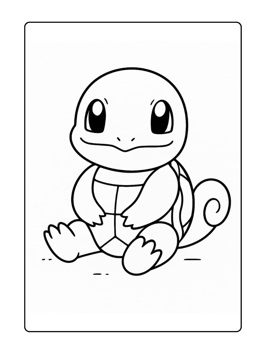 Squirtle zit op de grond met zijn poten gekruist en glimlacht tevreden