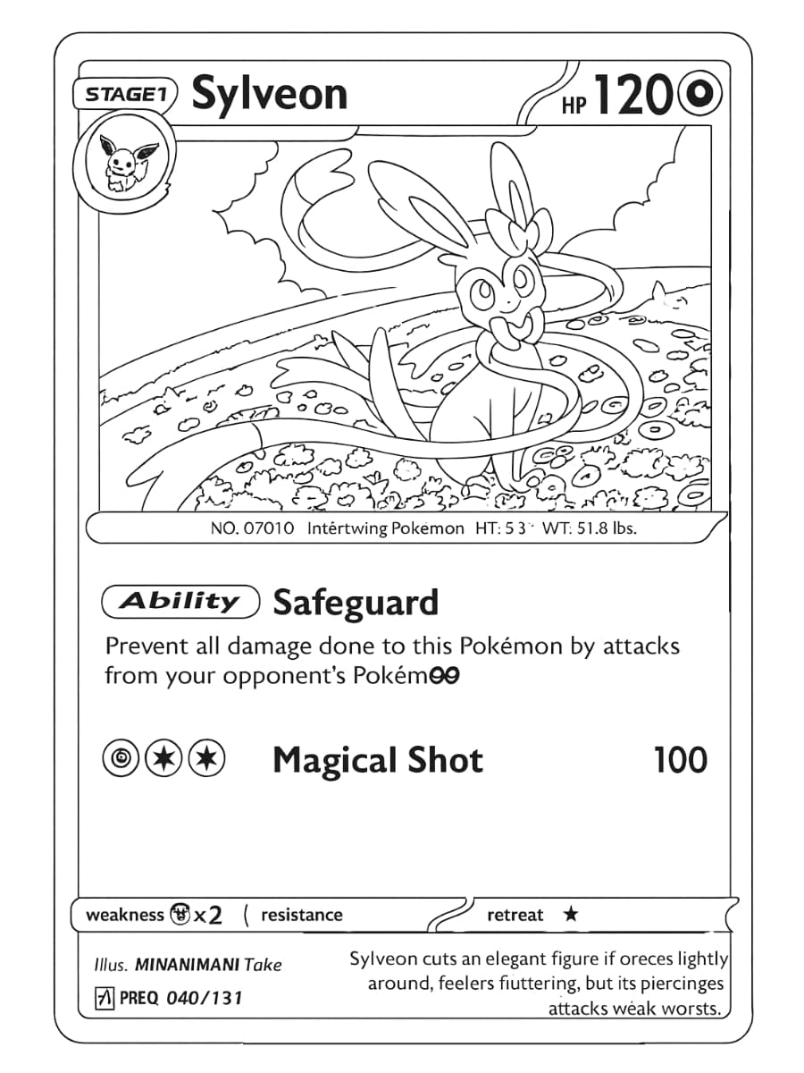Kleurplaat Sylveon Pokémon kaart met elegante linten en bloemrijke achtergrond
