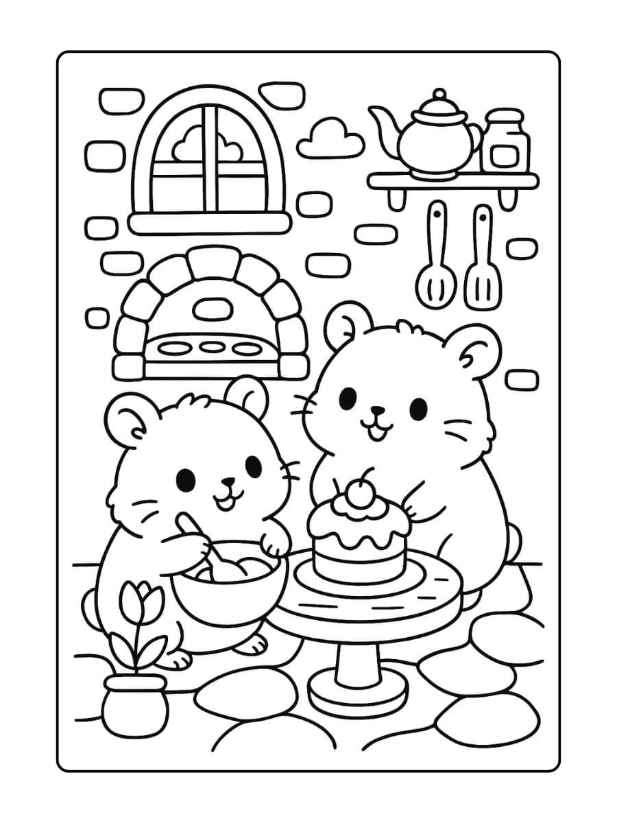 Schattige dieren kleurplaat - Twee hamsters die samen een mini taart bakken in een sprookjeskeuken