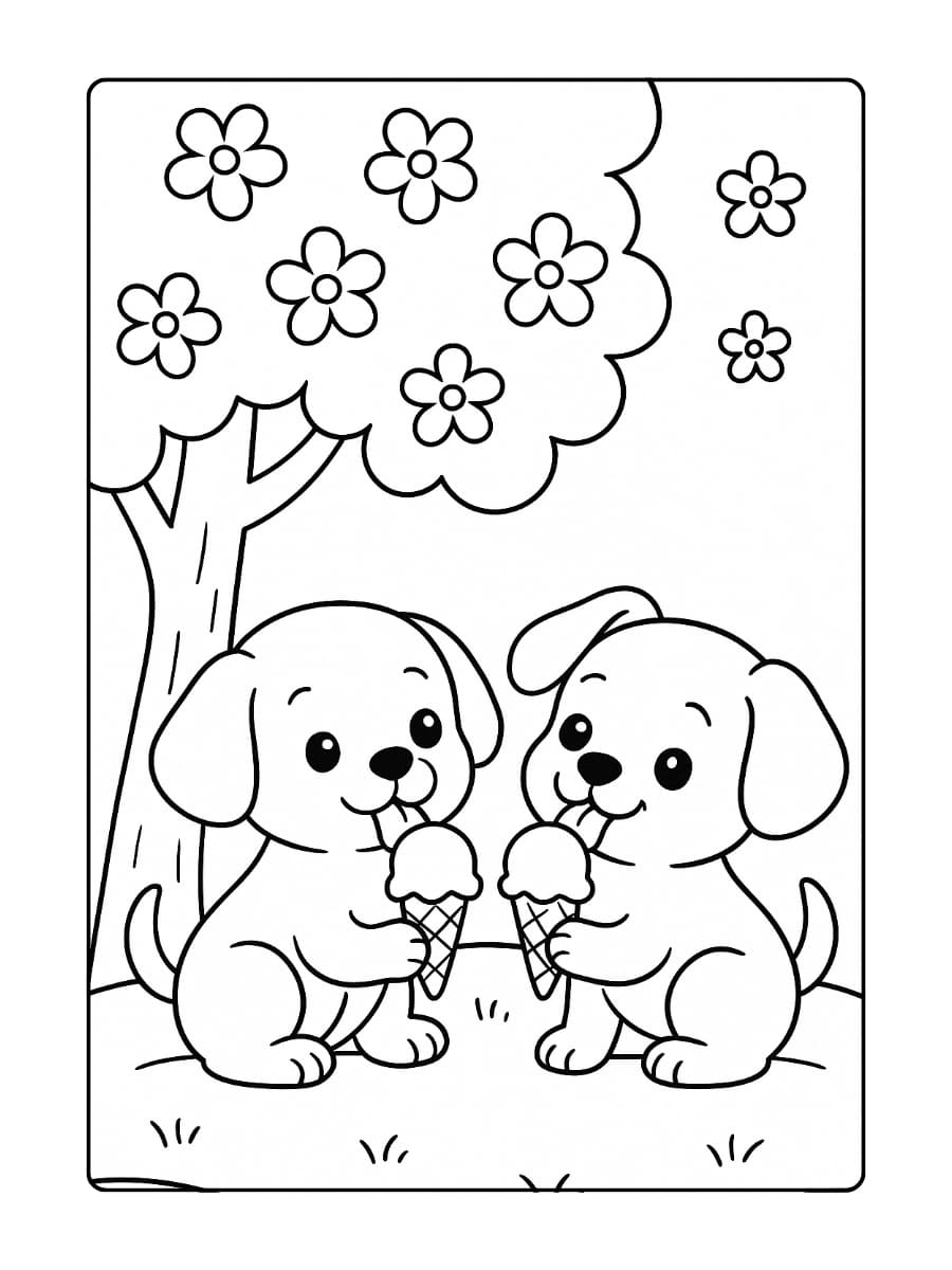 Schattige dieren kleurplaat - Twee kleine puppy’s die samen ijsjes likken onder een boom vol bloesems